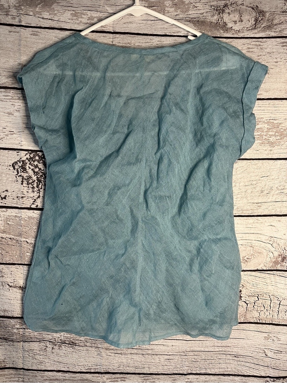 EILEEN FISHER Bayberry Blue Linen Gauze Scoop Neck Long Top Size Small - Picture 5 of 5